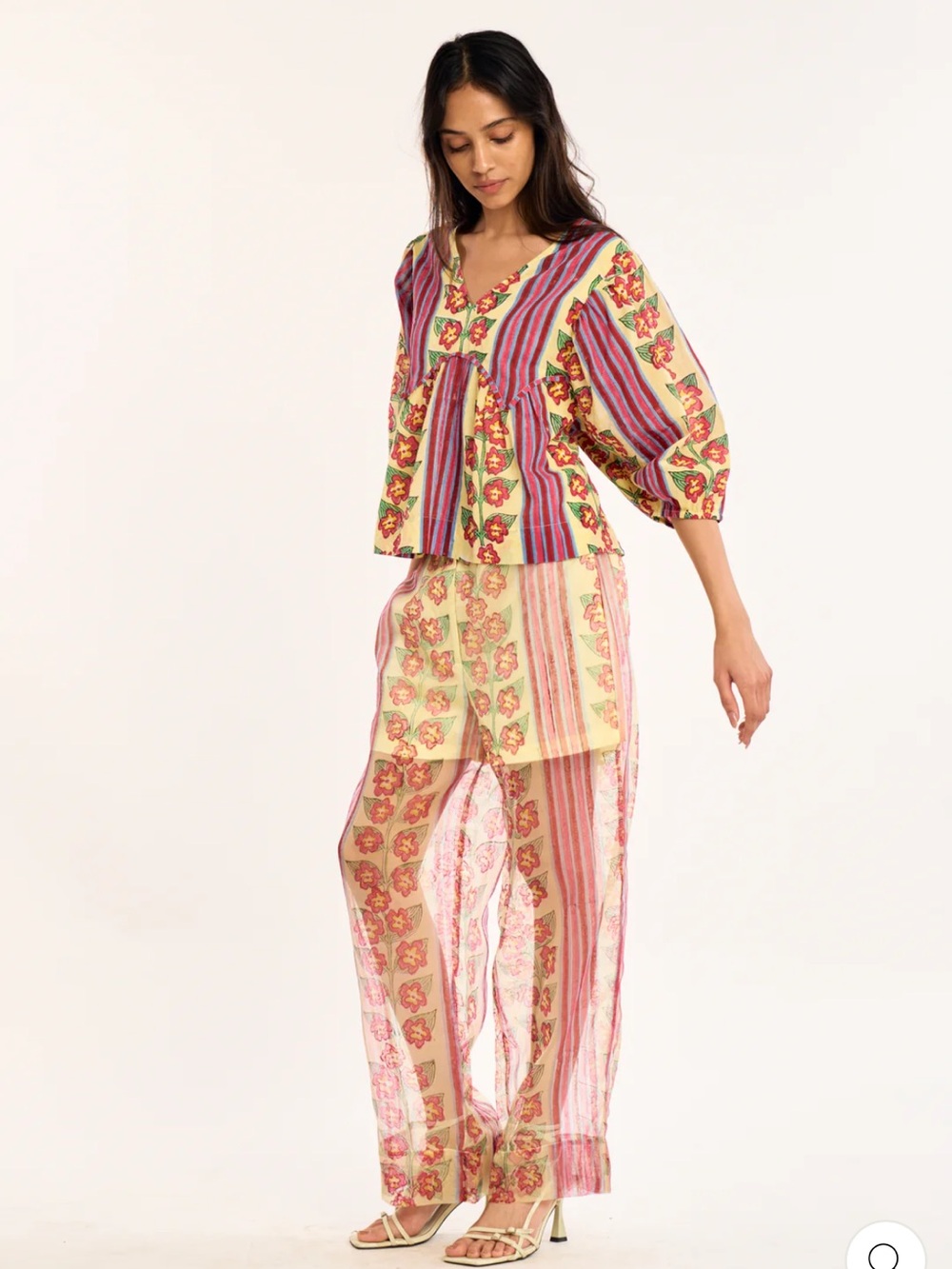 Rujuta Sheth NWT Bombay Pants Sheer Floral Stripe in Buttercream Iris size L - Picture 4 of 9